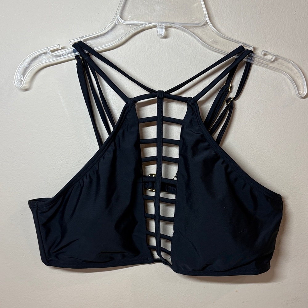 Ambrielle Black Strappy Lattice Front, High Necked Halter Swim Top, XL
